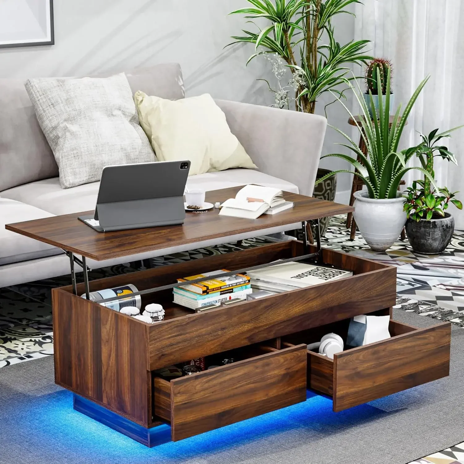 LED Coffee Table Morden with High Gloss Black Lift Top DiningTable with Hidden Storage Living Room 4Tiers TeaTable Center Tables - Image 8