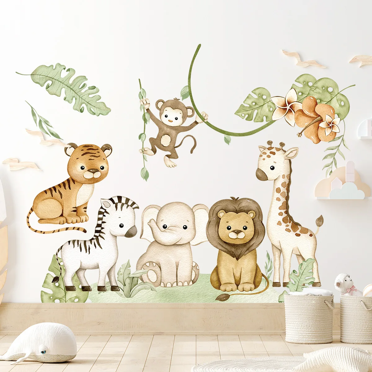 Cartoon Animal Monkey Wall Stickers for Kids Room Baby Room Background Wall Decor Wall Decals Nursery Kindergarten Wallpaper