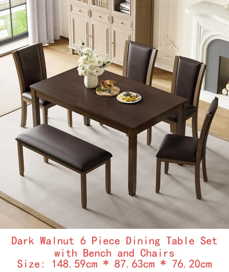 6-Piece Dining Table Set with Bench and Chairs, Wooden Farmhouse Style Dining Set for 6 People, Dark Walnut Finish for Dining - Image 7