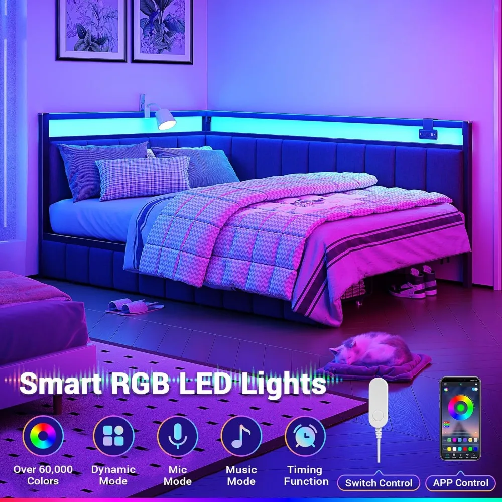 Twin Size Corner Bed Frame with Storage, Daybed with Linen Upholstered Backrest, Children's Bed with LED Lighting - Image 5