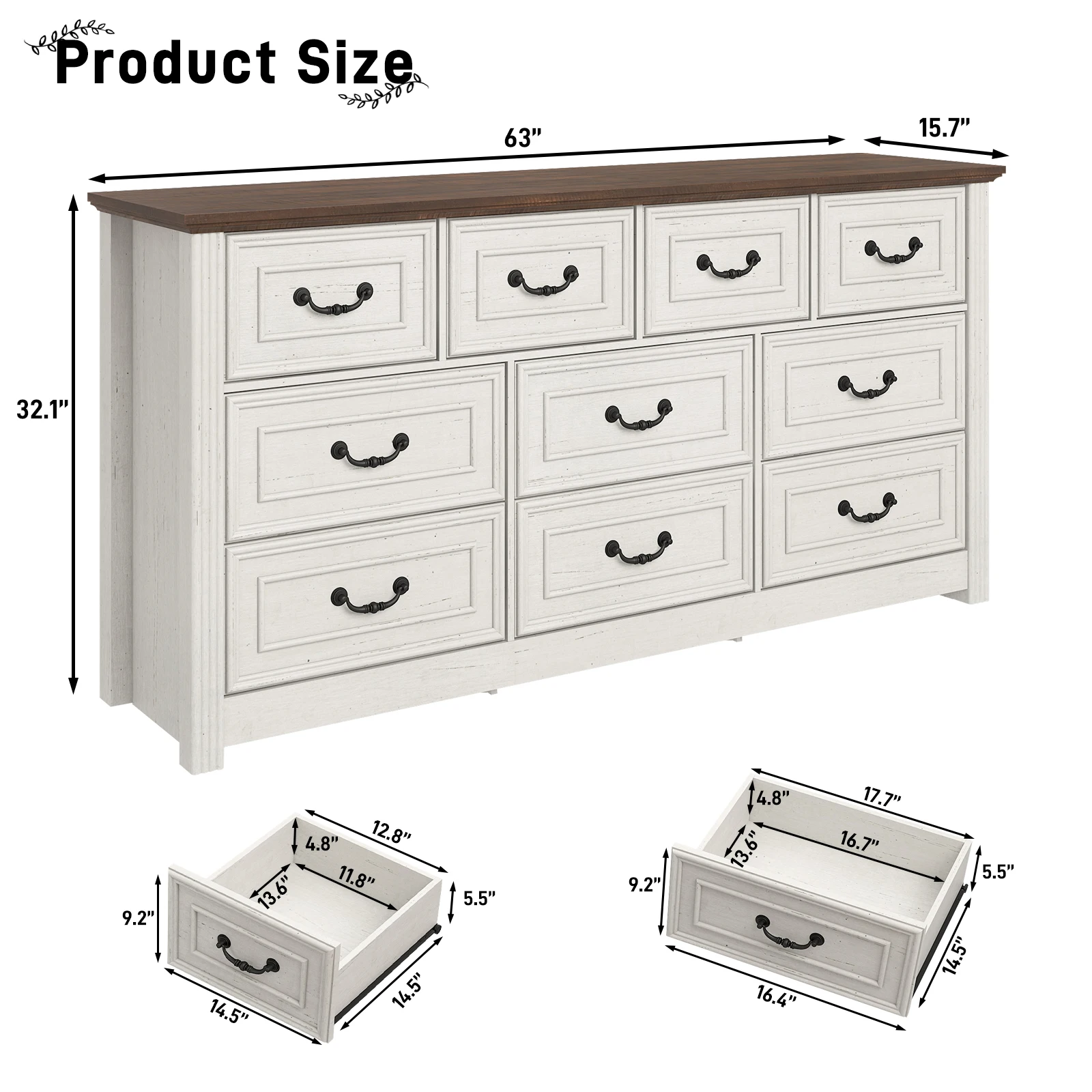Farmhouse 10 Drawer Dresser for Bedroom, 63” Wood Chest of Drawers with Rustic Handles, Wide Closet Dressers Organizer - Image 6