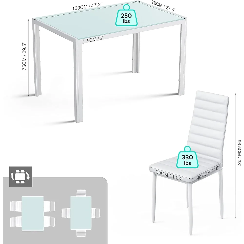 Modern 5-Piece Glass Top Dining Set with PU Leather Chairs for 4, Suitable for Kitchen and Living Room - Image 2