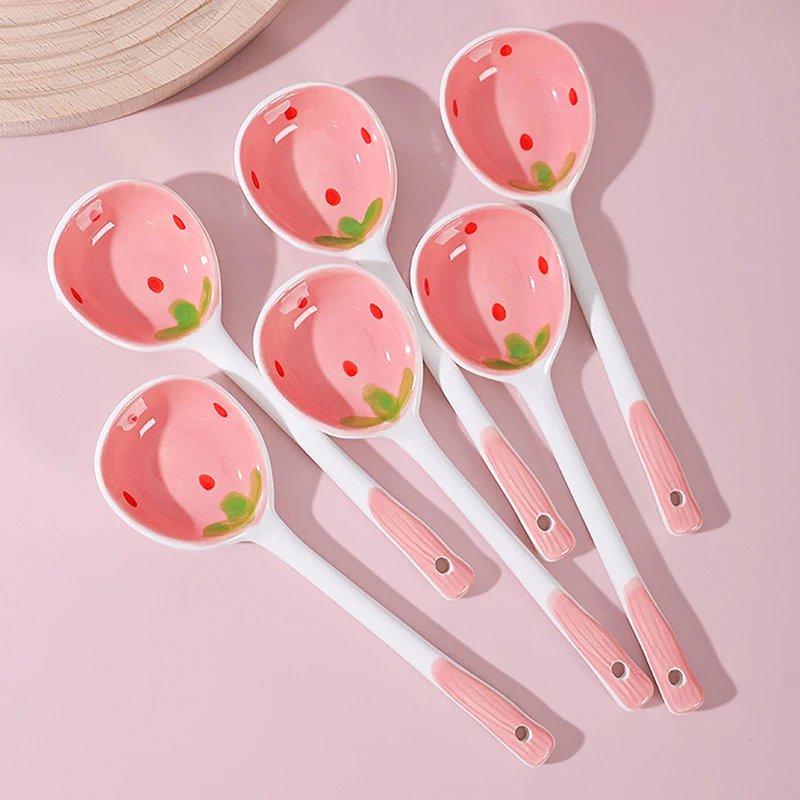 1Pc Cute Strawberry Ceramic Soup Spoon Ice Cream Hand Painted Coffee Dessert Long Handle Spoon Kitchen Tableware Accessories - Image 2