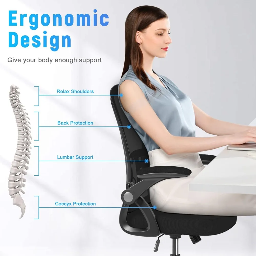 Ergonomic Office Chair, Mid Back Desk Chairs with Adjustable Height, Swivel Chair with Flip-Up Arms and Lumbar Support - Image 6