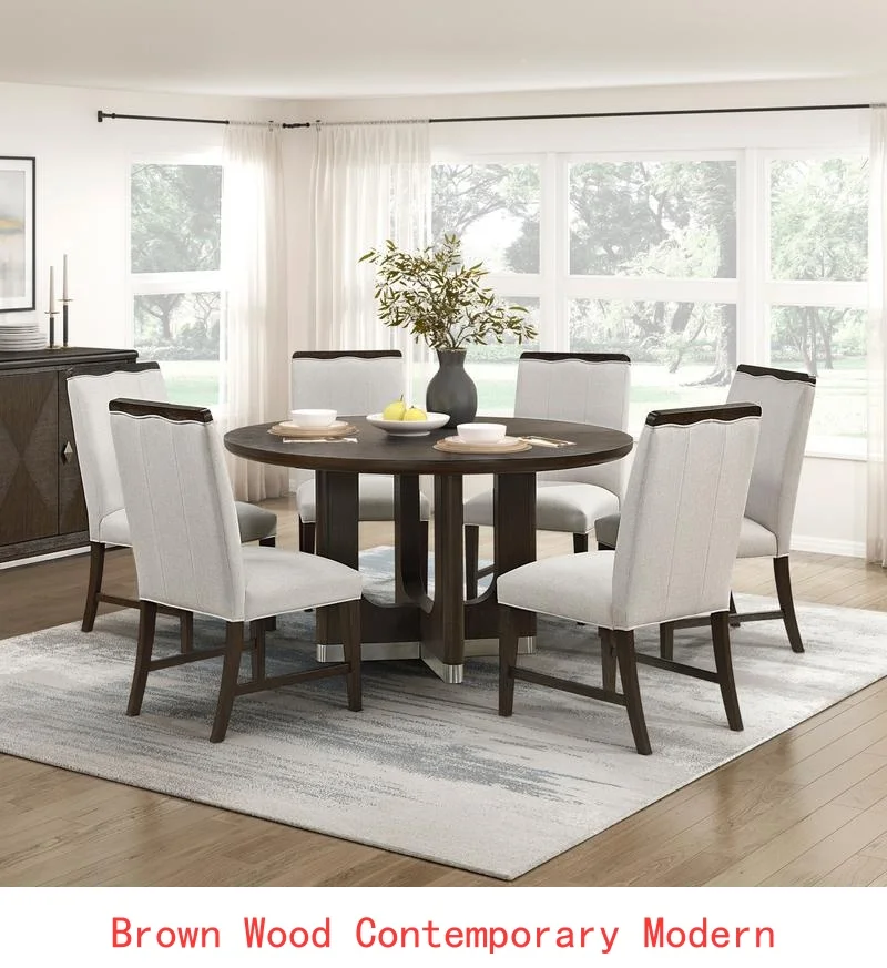 Modern Brown Finish 7-Piece Dining Set with Round Table and 6 Beige Upholstered Side Chairs - Durable Metallic Base, Elegant - Image 9