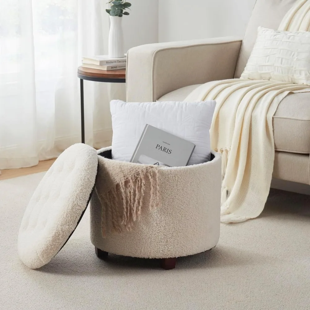Decor Round Ottoman with Storage, Round Vanity Chair Stool Ottoman Pouf with Storage for Living Room and Bedroom - Image 4