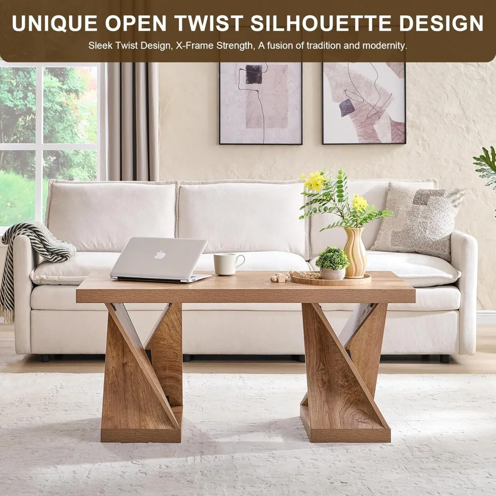 Modern Coffee Table, 48" Twisted Center Table with Wood Thickened Pedestal, Rectangular Rustic Living Room Table, Farmhouse Sto - Image 3
