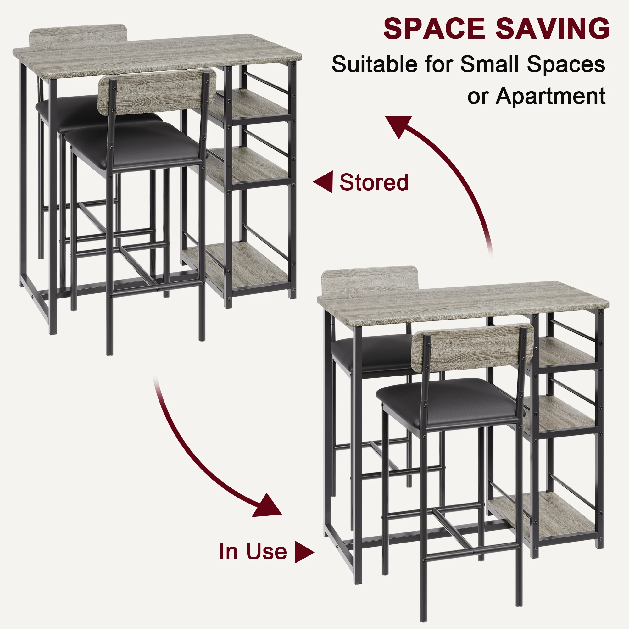 Dining Table Set with 3-Tier Shelves Bar Kitchen Table Set with 2 Padded Chairs 3-Piece Kitchen Table Set for Home, Small Space - Image 4