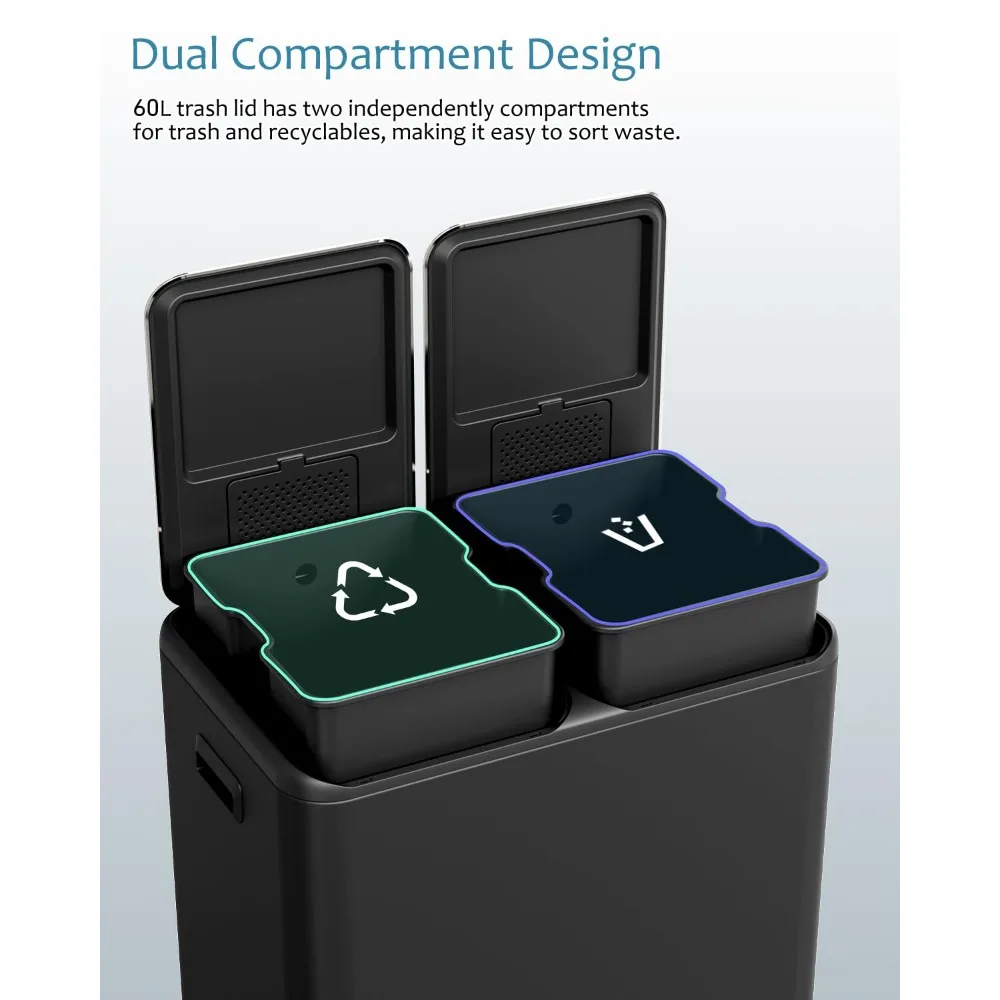 16 Gal (2 x 30 L) Dual Trash Can, Stainless Steel Kitchen Garbage Bin, Recycle Dustbin with Odor Control Box, Soft-Close Lid - Image 6