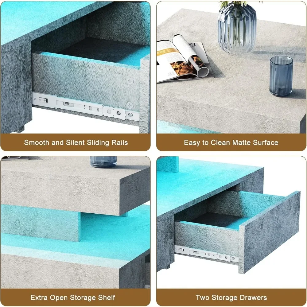 LED Coffee Table with 2 Storage Drawers for Living Room Square Center Middle Table Modern Cocktail Table with Light - Image 6