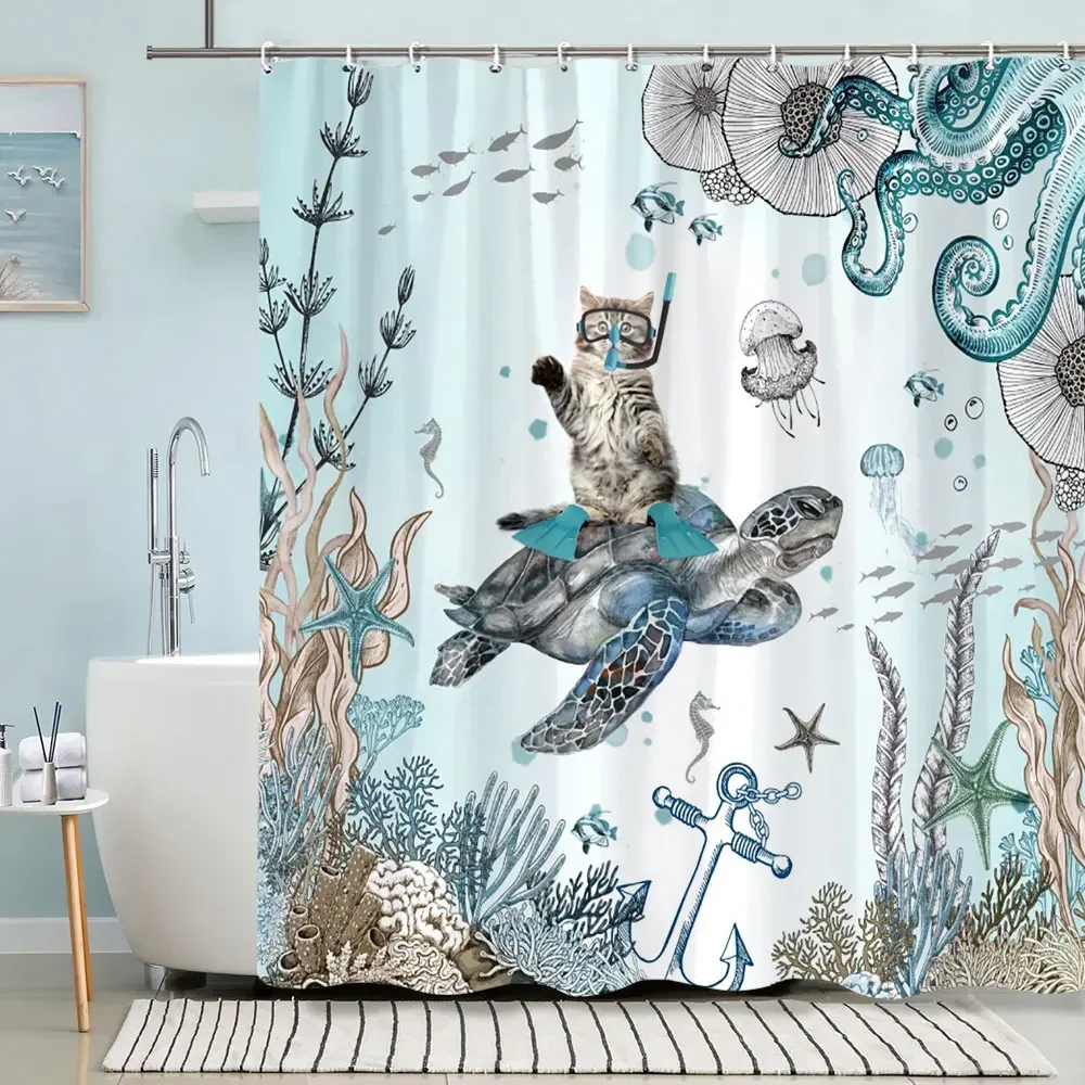 Turtle Shower Curtain Summer Beach Anchor Nautical Starfish Watercolour Art Creative Polyester Shower Curtains Bathroom Decor - Image 11