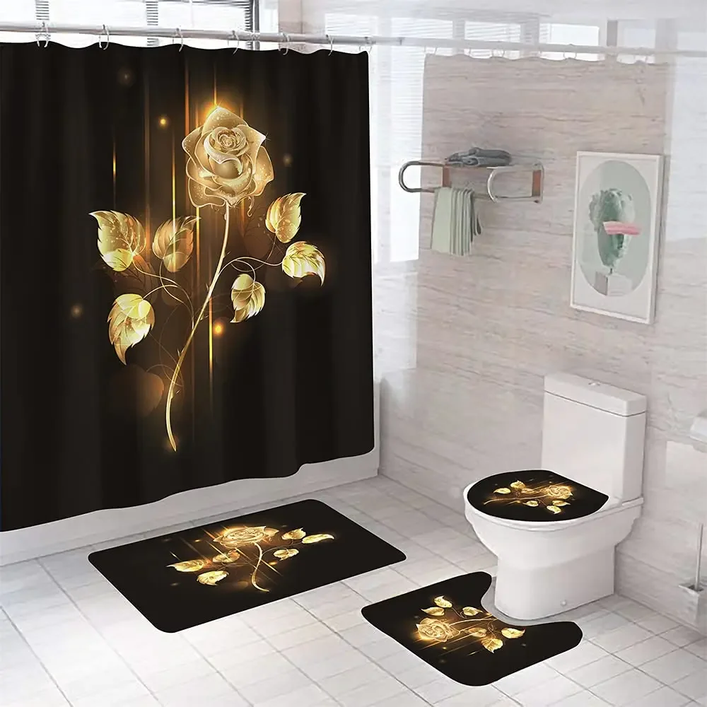 Gold Rose Black Bathroom Set Luxury Shower Curtain with Bath Mat Rug Carpet for Toilet Decor Accessories Shower Curtain Set 4pcs - Image 2