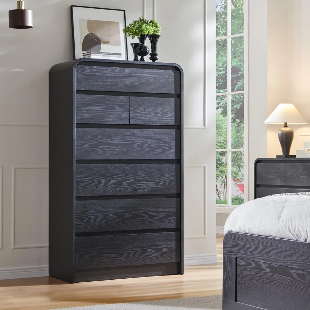 Modern 7 Drawers Dresser for Bedroom, 55" Tall Dressers & Chest of Drawers w/Curved Profile Design, Wood Mid Century Vertical St - Image 3