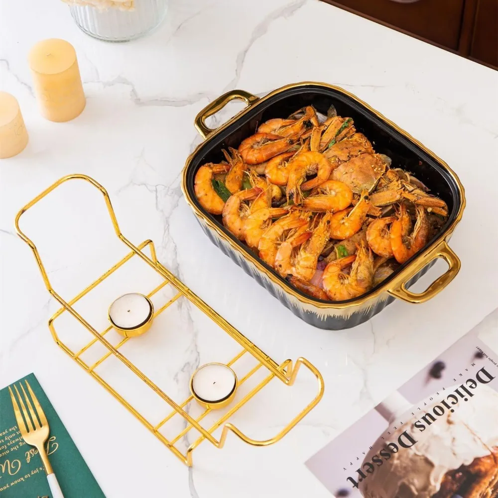 3 Piece Set Ceramic Chafing Dishes Buffet Set, Luxury Black Ceramics Chafer with Gold Trim, Chafer and Buffet Warmer Set for Buf - Image 4