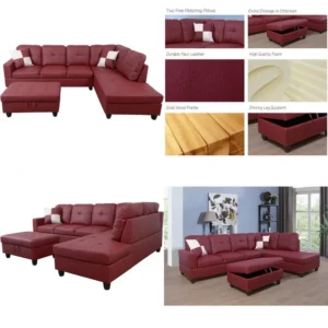 3-piece living room sectional sofa set with l-shape couch, storage ottoman, and matching pillows in red