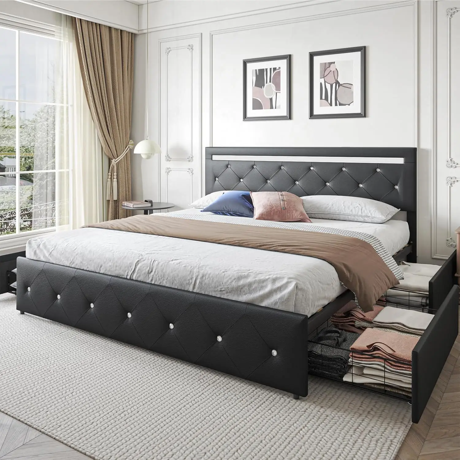 Bed Frame Full Size with LED Light and Storage Drawers, Adjustable Headboard with PU Leather Upholstered, 2 Sockets and 2 USB - Image 8