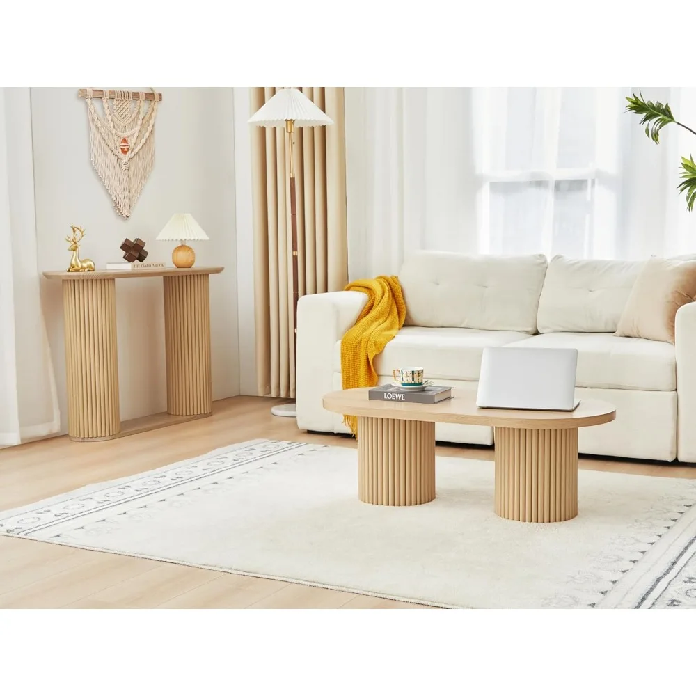 Fluted Oval Coffee Table for Living Room, Boho Modern Coffee Table with Fluted Legs, Curved Round Wood Center Table for Home, S - Image 5
