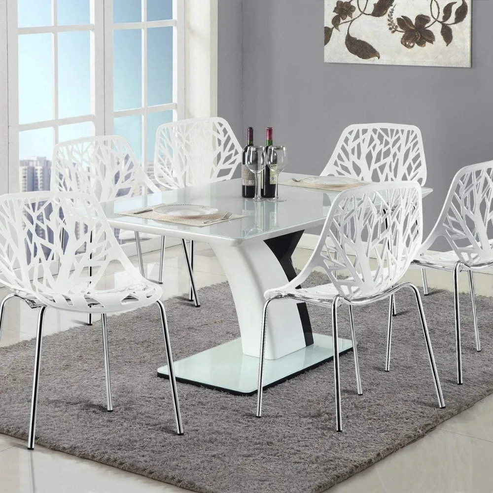 Set of 6 Modern Dining Chairs w/Plastic Feet Pads Stackable Chair Geometric Style Furniture Dining Side Chairs (6 Packs, White) - Image 2