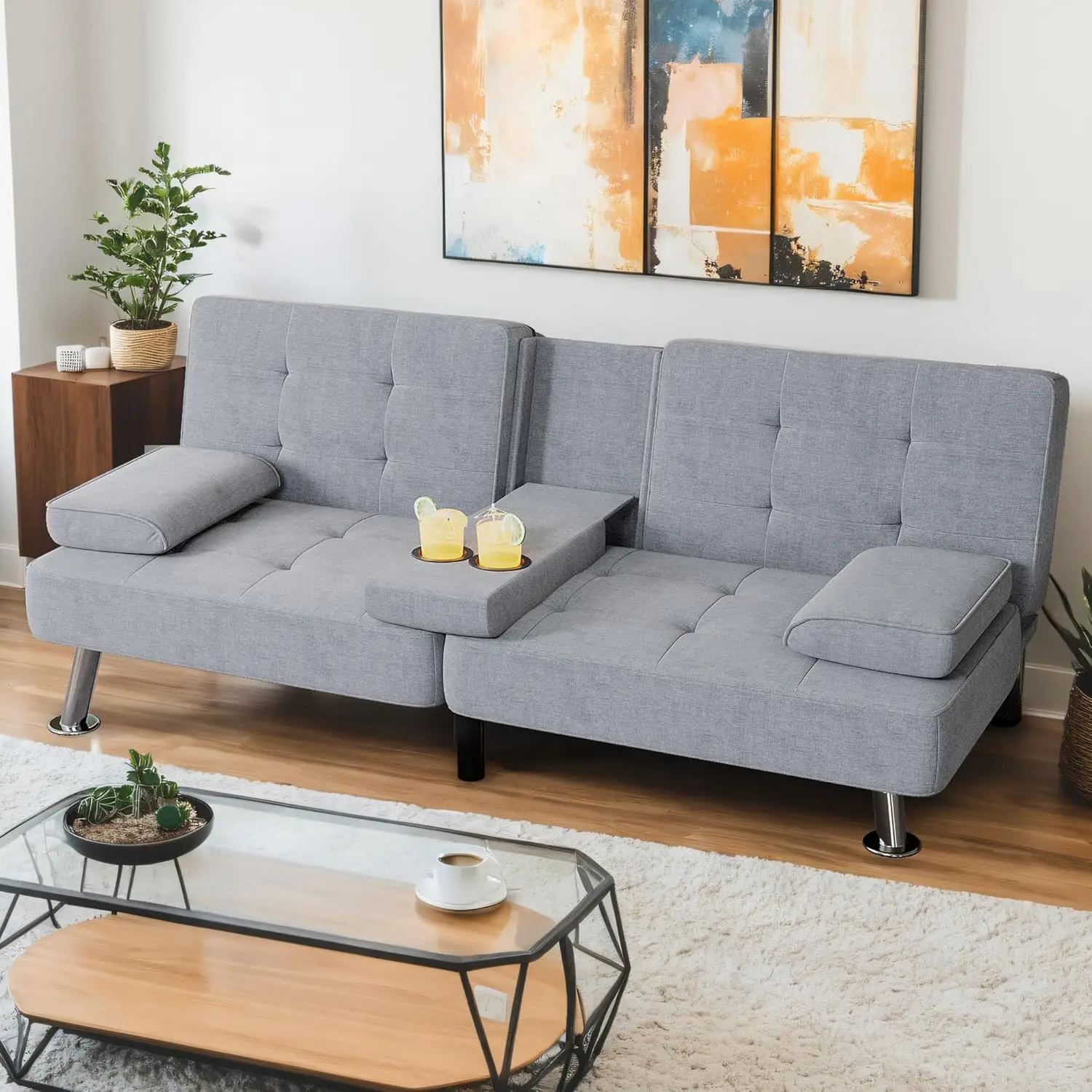 Modern Linen Upholstered Convertible Folding Futon Sofa Bed with Removable Armrests, Metal Legs, 2 Cup Holders for Living Room - Image 6