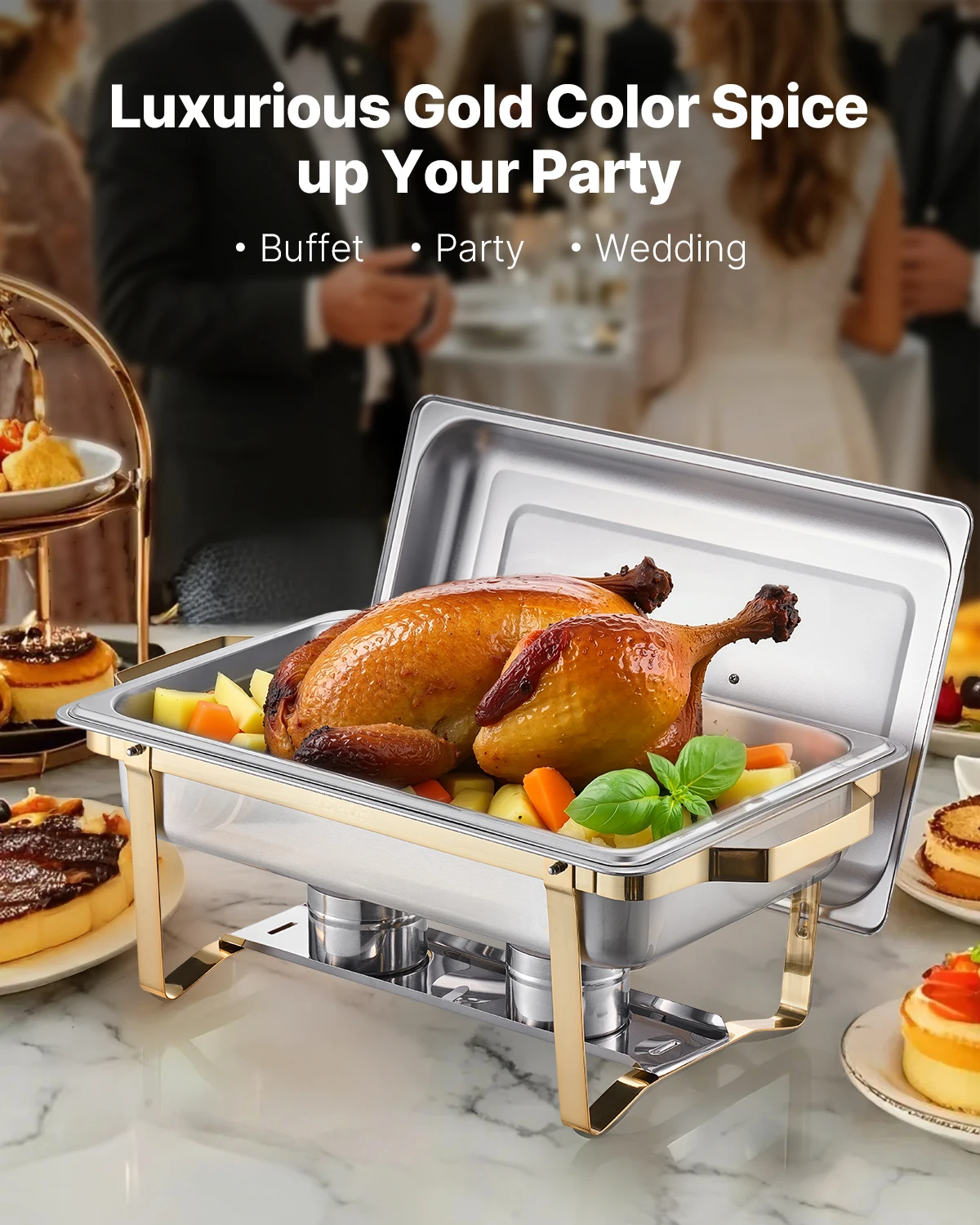 SucceBuy 8 Qt 4 Pack Chafing Dish Buffet Set Stainless Steel Chafer with 2 Full Size and 4 Half Size Pans Catering Warmer Server - Image 3