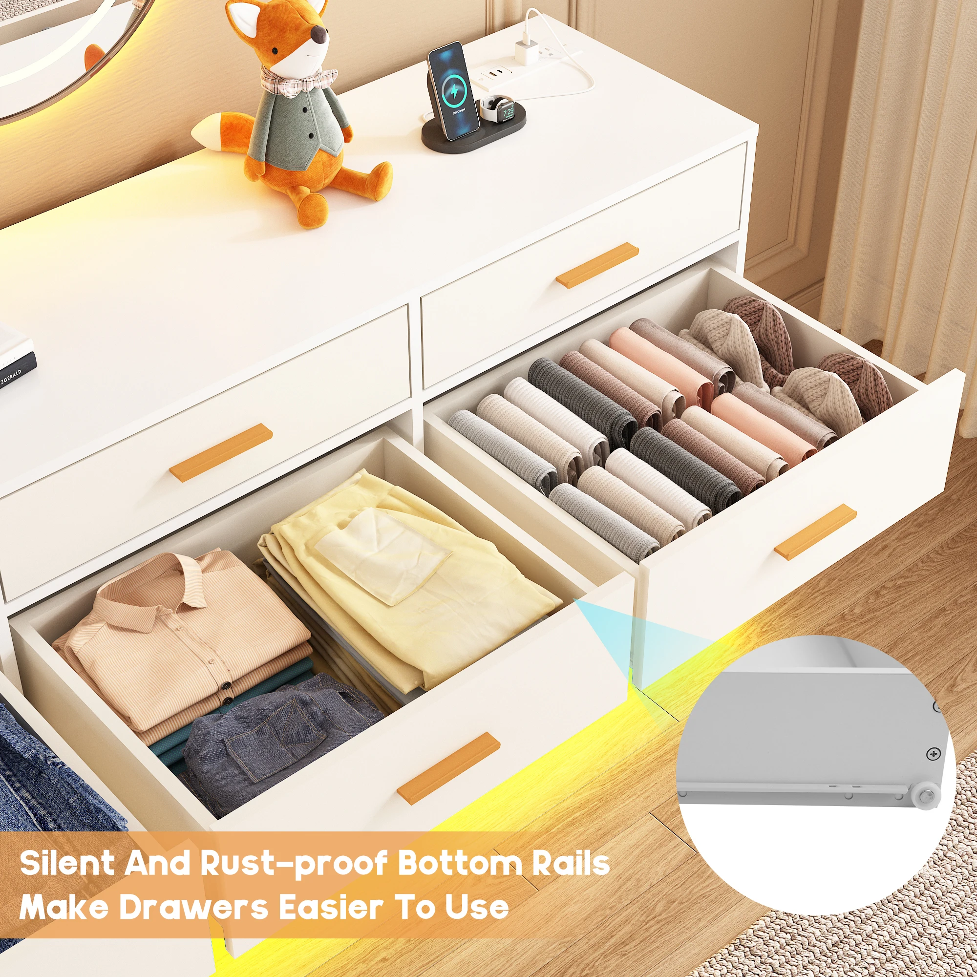 12 Drawer Dresser for Bedroom, 63'' Modern Chest of Drawers with Power Outlets & LED Lights, Wood Dresser for Living Room - Image 3
