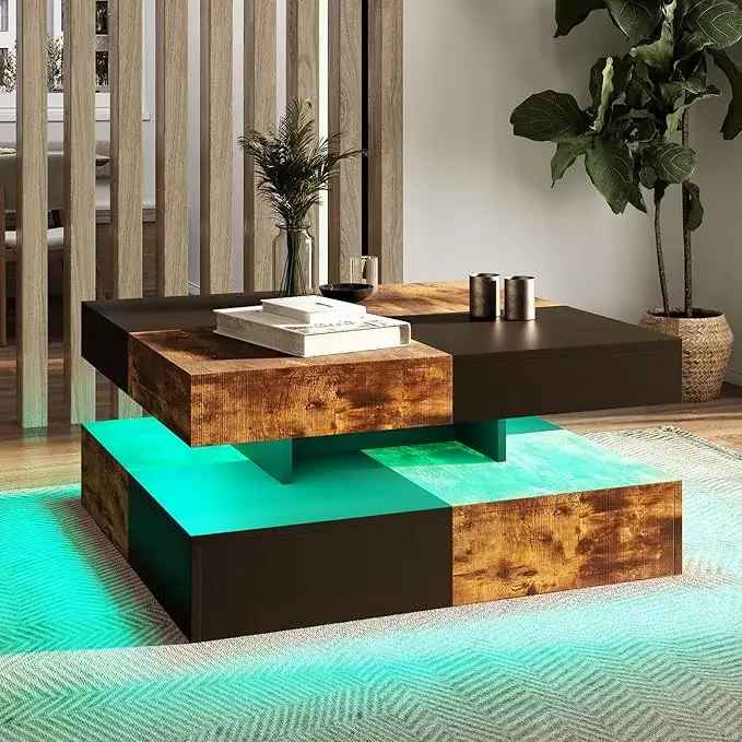 LED Coffee Table with 2 Storage Drawers for Living Room Square Center Middle Table Modern Cocktail Table with Light - Image 17