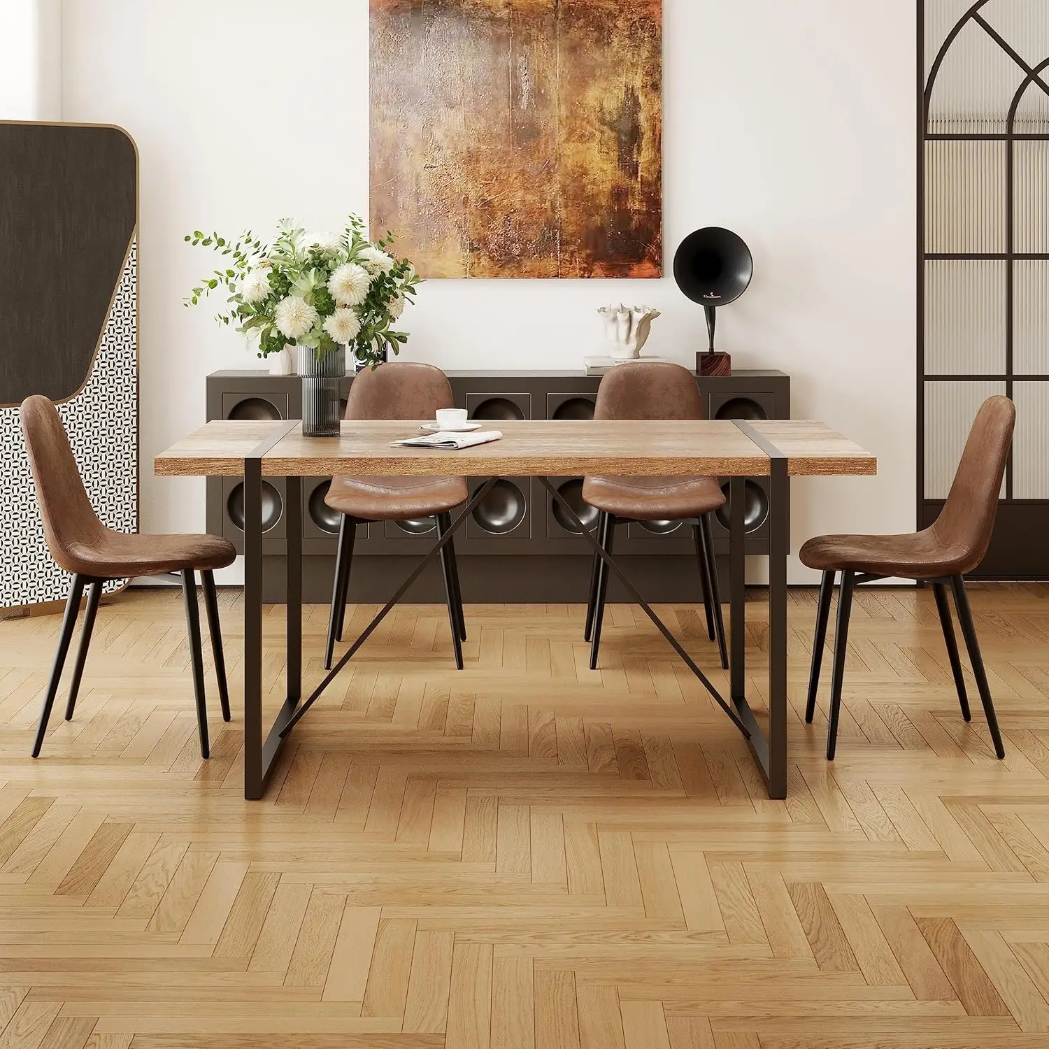 Dining Table Set for 4, Modern 55'' Wood Dinette Table Set for 4 with Fabric Dining Chairs,Table and Chairs Set of 4,Ideal for K