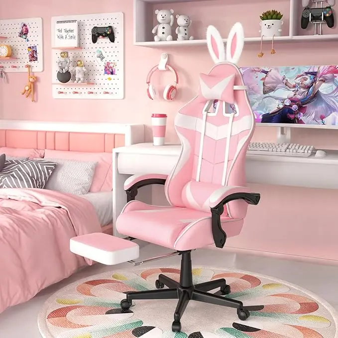Pink Gaming Chair with Footrest,Lovely Cute Bunny Computer Gamer Chair,Kawaii Desk Chair for Granddaughter,Sister,Girlfri - Image 2