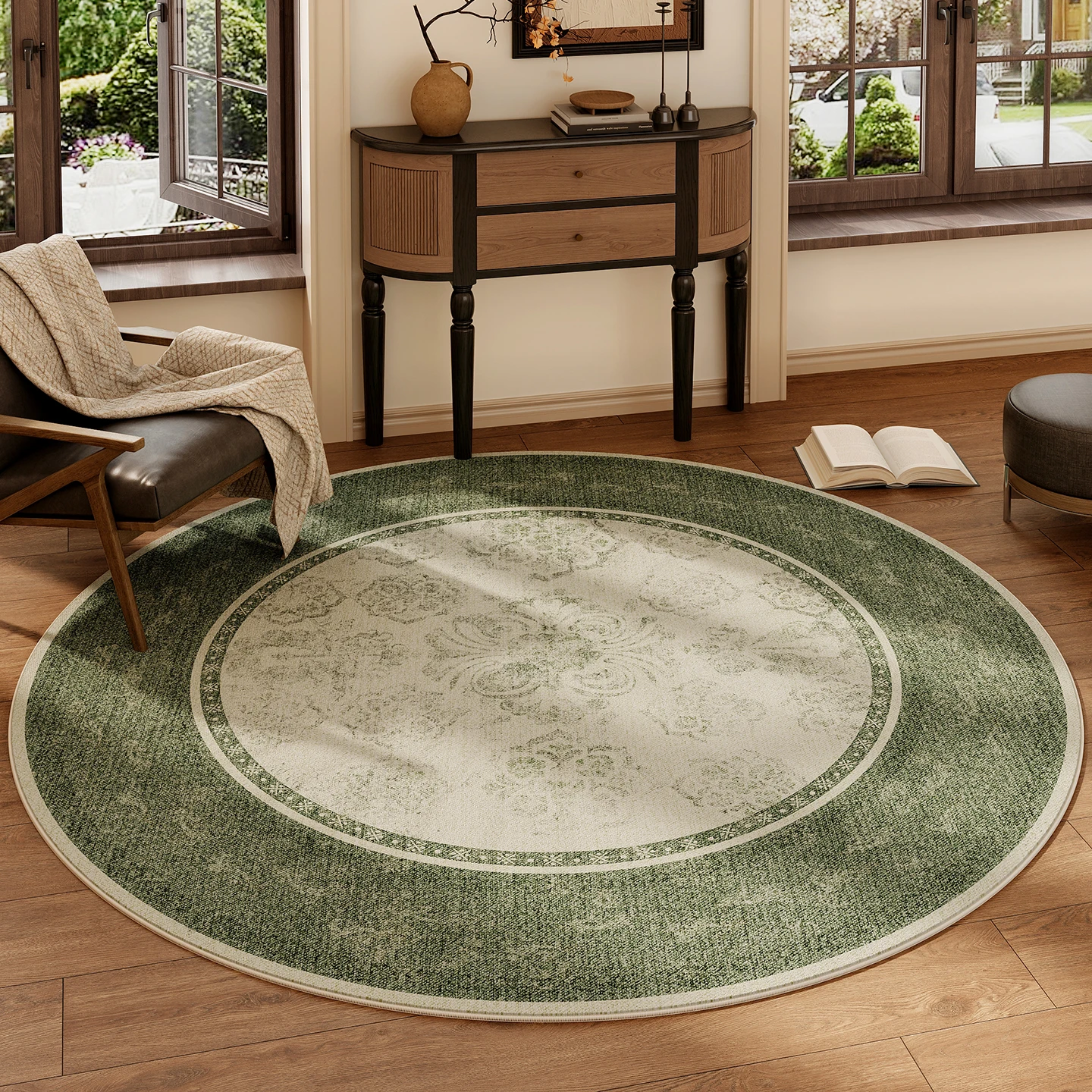 French Style Floral Round Carpet – Washable Green Anti-Slip Rug for Bedroom Living Room Study Home Decor - Image 9