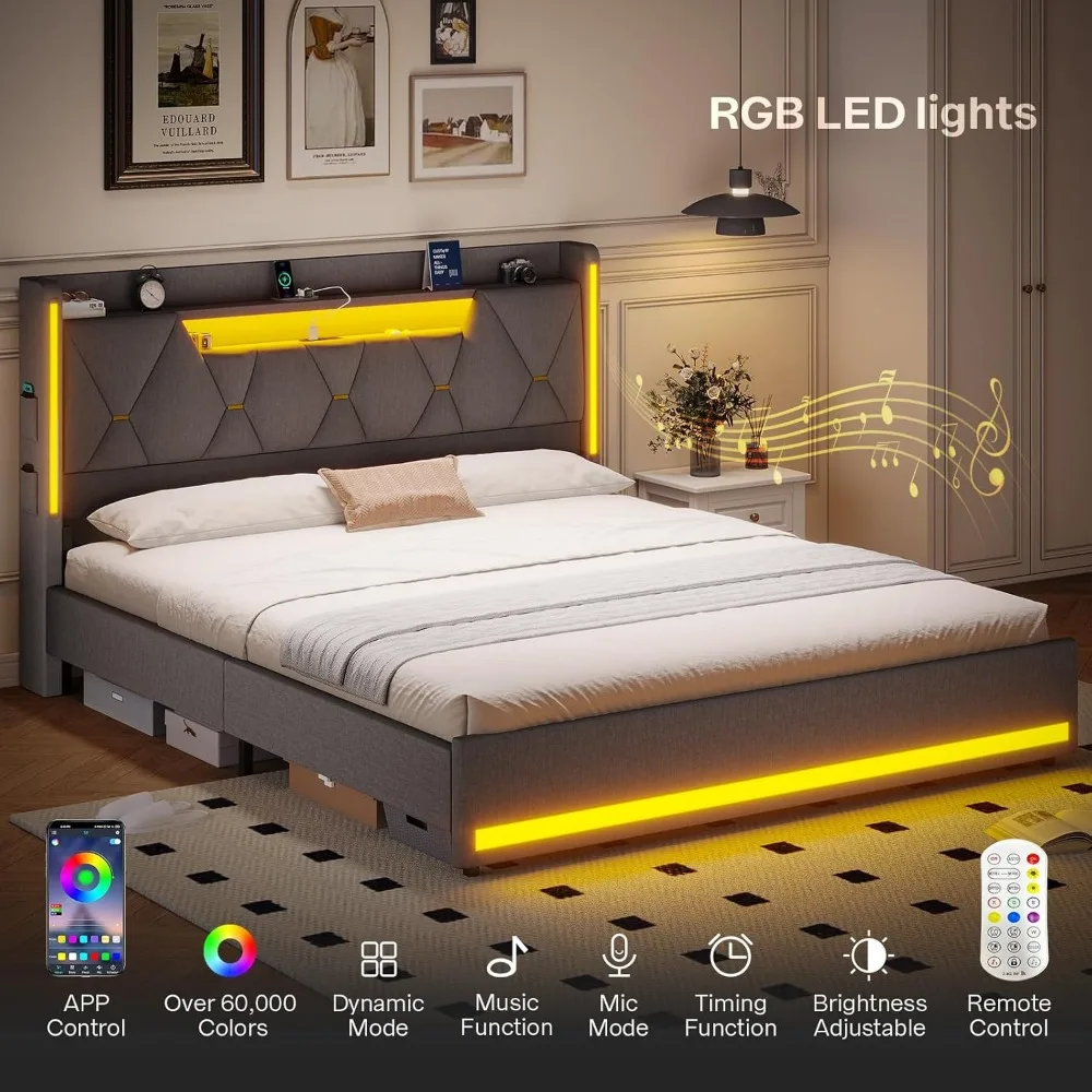 Queen Bed Frame with Headboard, Platform Bed Frame Queen Size with LED Lights & Charging Station, Upholstered Bed Frames with St - Image 6