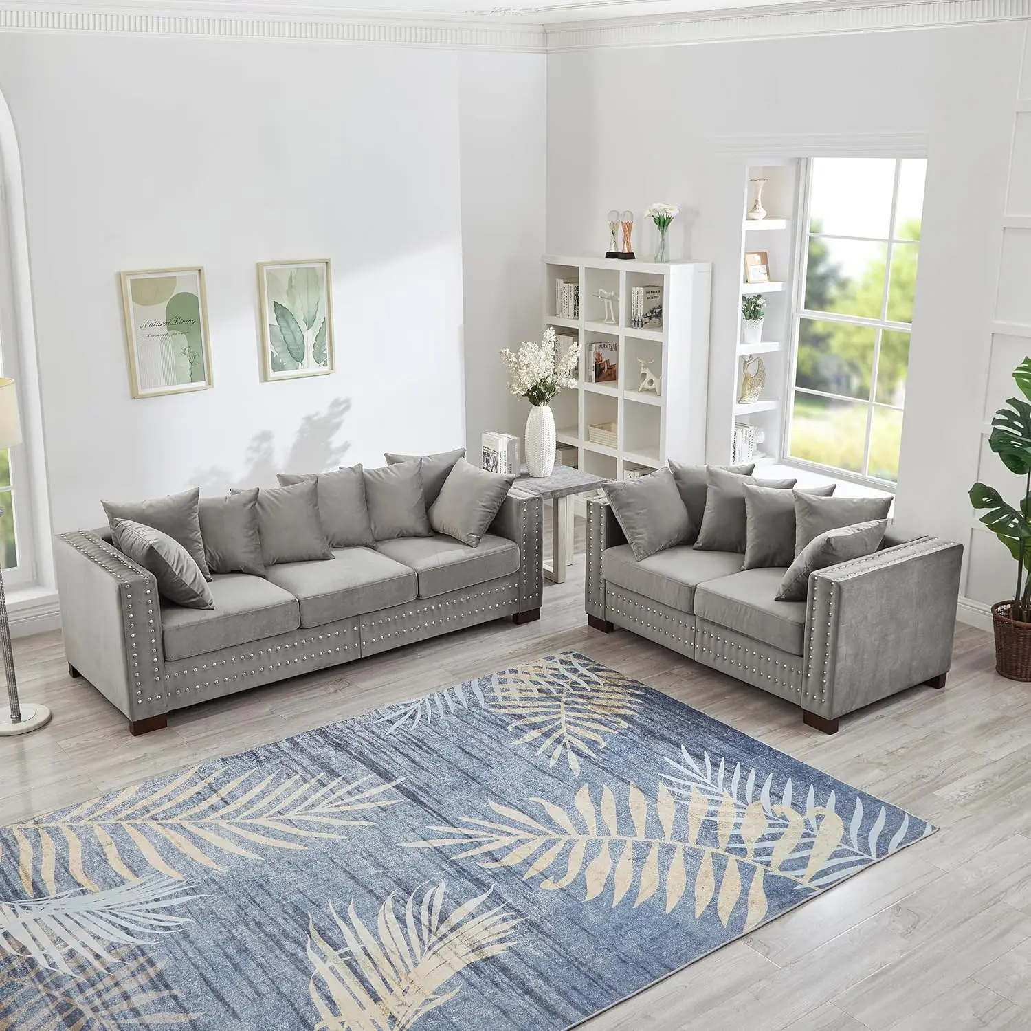 2-Piece Modern Velvet Upholstered 2+3 Seater Sofa Set with Storage Space, Loveseat and Sofa Couch with Silver Nail Trim - Image 8