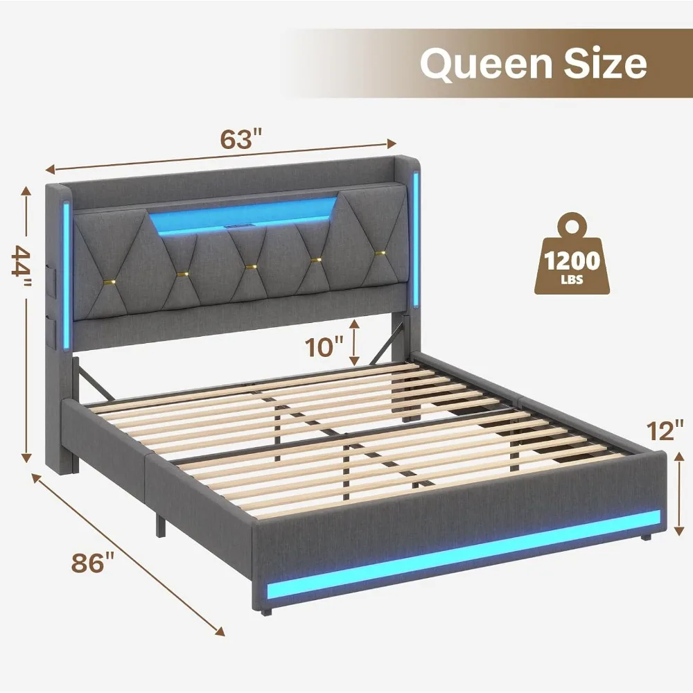 Queen Bed Frame with Headboard, Platform Bed Frame Queen Size with LED Lights & Charging Station, Upholstered Bed Frames with St - Image 2