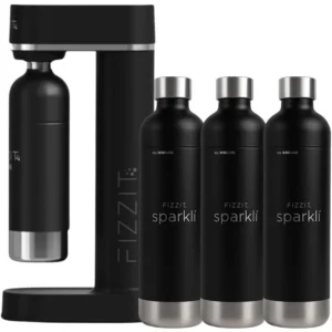 Stainless Steel Black Sparkling Water and Soda Maker Machine with 3 Black Stainless Steel 1L ReUsable Bottles for Home Use Effo