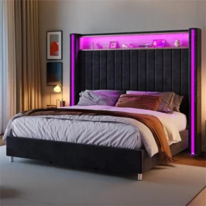 King Size Bed Frame with LED Lights and Charging Station Velvet Upholstered Platform Bed with 53 Tall Storage Headboard and Win