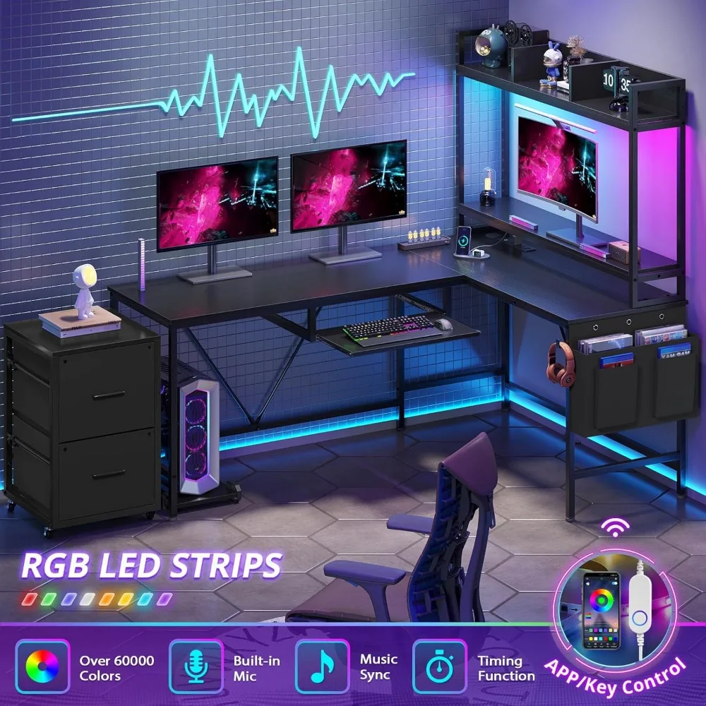 L Shaped Gaming Desk with Keyboard Tray, Reversible Computer Desk with Power Outlet, Corner Home Office Desks, Mobile File Cabin - Image 4