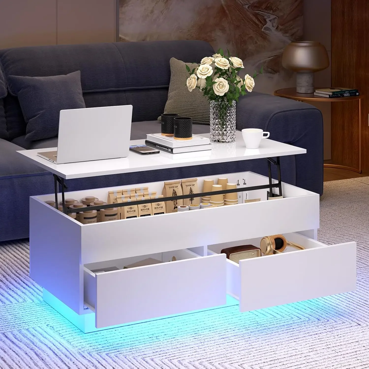 LED Coffee Table Morden with High Gloss Black Lift Top DiningTable with Hidden Storage Living Room 4Tiers TeaTable Center Tables - Image 9