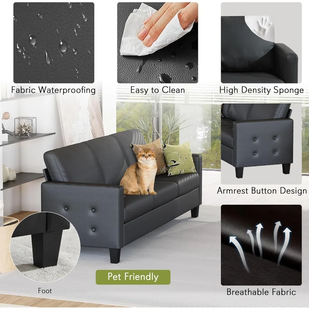 73 Black Faux Leather Sofa Couch, Modern Comfy Office 3 Seater Couch Loveseat with USB and Tufted Armrest, Small Love S - Image 4