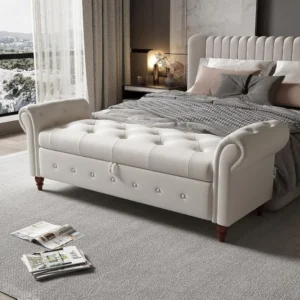 63" Storage Ottoman, End of Bed Bench King Size with Button Tufted Upholstered Rolled Arms Multifunctional Foot Rest Stool for B