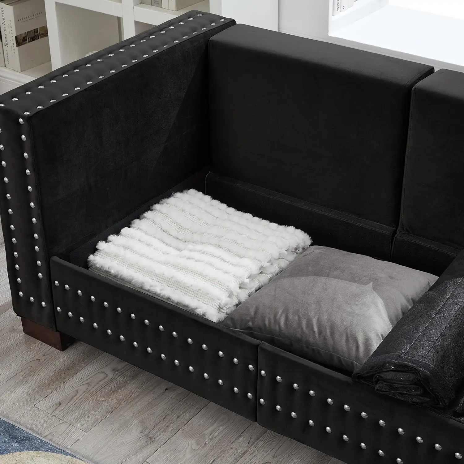2-Piece Modern Velvet Upholstered 2+3 Seater Sofa Set with Storage Space, Loveseat and Sofa Couch with Silver Nail Trim - Image 6