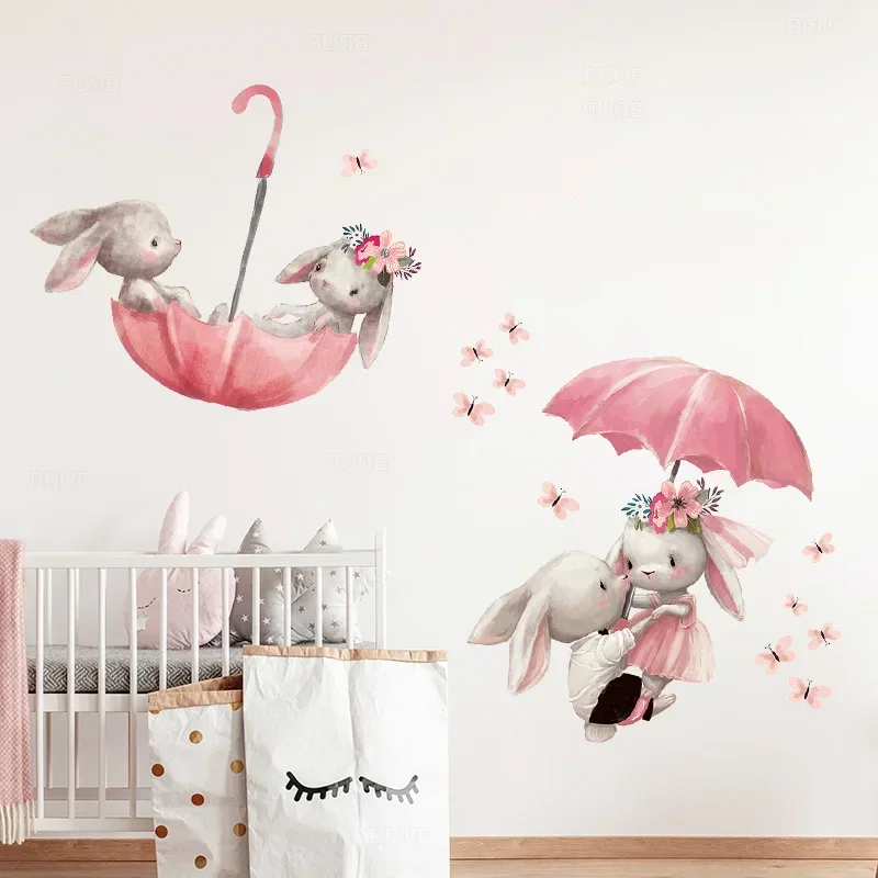 Cartoon Wall Stickers Pink Umbrella Butterfly Bunny in Love for Kids Room Baby Nursery Wall Decals for Girl Room Baby Shower PVC - Image 2