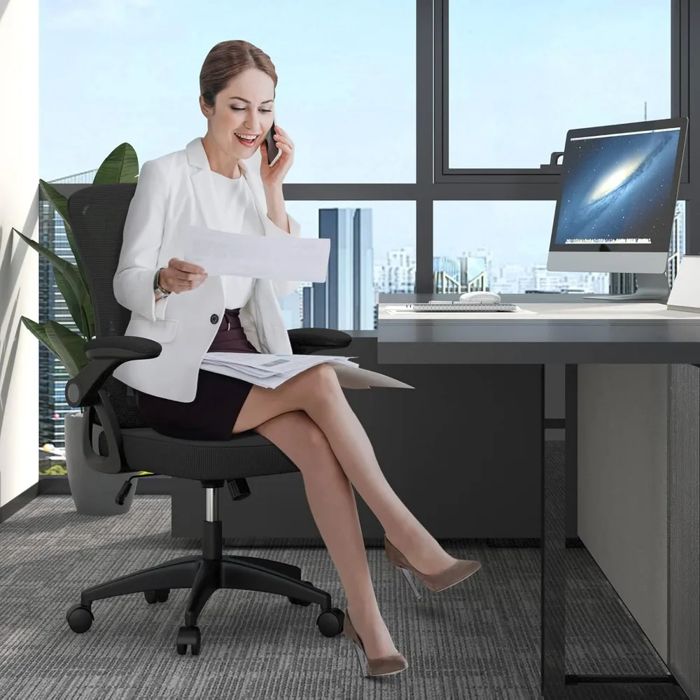 Ergonomic Office Chair, Mid Back Desk Chairs with Adjustable Height, Swivel Chair with Flip-Up Arms and Lumbar Support - Image 2