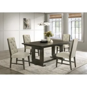 5pc Rectangular Extendable Dining Table with 18" Leaf, Trestle Base, Upholstered Button Tufted Chairs, Wooden Dining Room