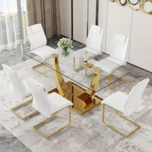 Glass Dining Table Set for 6, Modern Kitchen Table Set for 6, 71" Tempered Glass Tabletop with U-Shaped Gold Base, 7 Ppiece