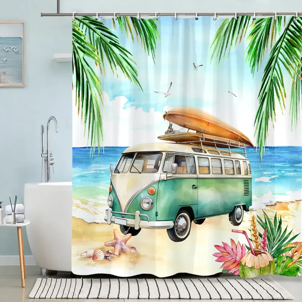 Turtle Shower Curtain Summer Beach Anchor Nautical Starfish Watercolour Art Creative Polyester Shower Curtains Bathroom Decor - Image 2