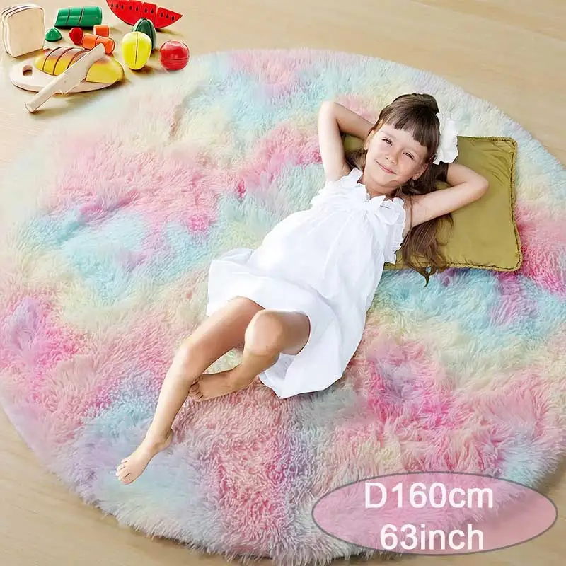 60/80/100/120/140/160 Round Rug Rainbow Fluffy Soft Area Rugs for Kids Girls Room Plush Shag Carpet Cute Circle Bedroom Decor - Image 6