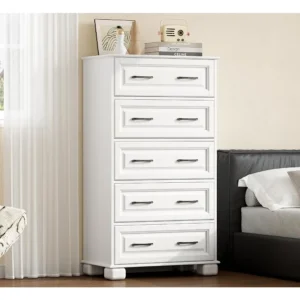 5 Drawer Chest of Drawers for Bedroom 50 Tall Wooden Storage Organizer Modern Dresser for Closet Farmhouse Closet Drawers White