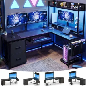 L Shaped Gaming Desk with Keyboard Tray, Reversible Computer Desk with Power Outlet, Corner Home Office Desks, Mobile File Cabin