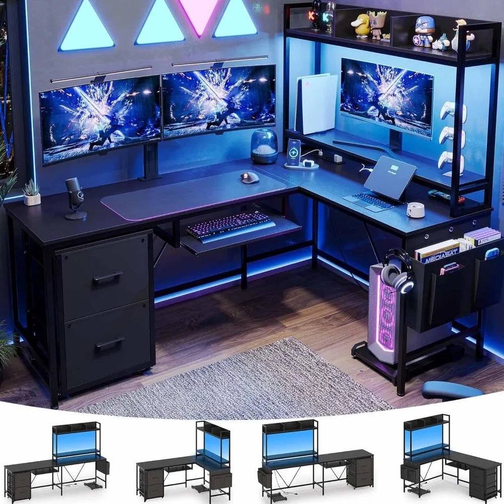 L Shaped Gaming Desk with Keyboard Tray, Reversible Computer Desk with Power Outlet, Corner Home Office Desks, Mobile File Cabin
