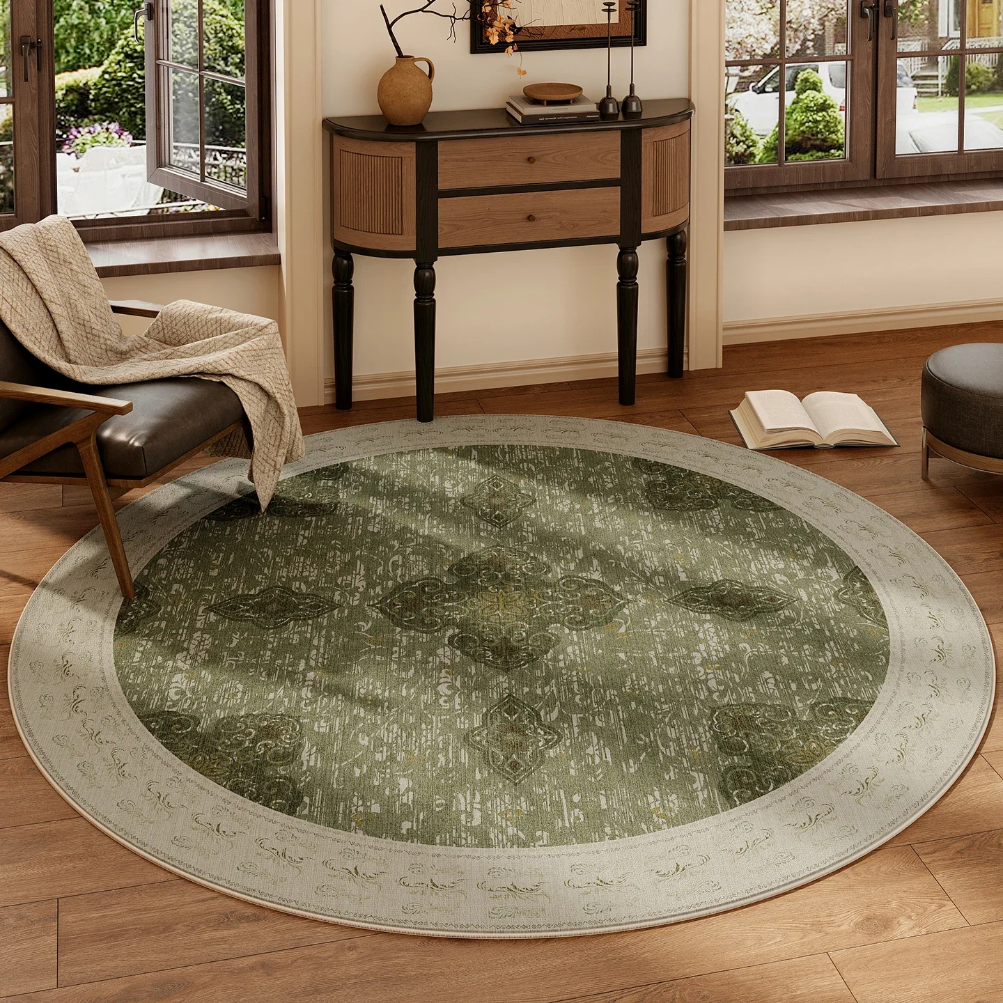 French Style Floral Round Carpet – Washable Green Anti-Slip Rug for Bedroom Living Room Study Home Decor - Image 8