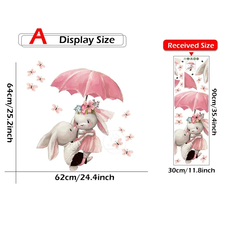 Cartoon Wall Stickers Pink Umbrella Butterfly Bunny in Love for Kids Room Baby Nursery Wall Decals for Girl Room Baby Shower PVC - Image 4